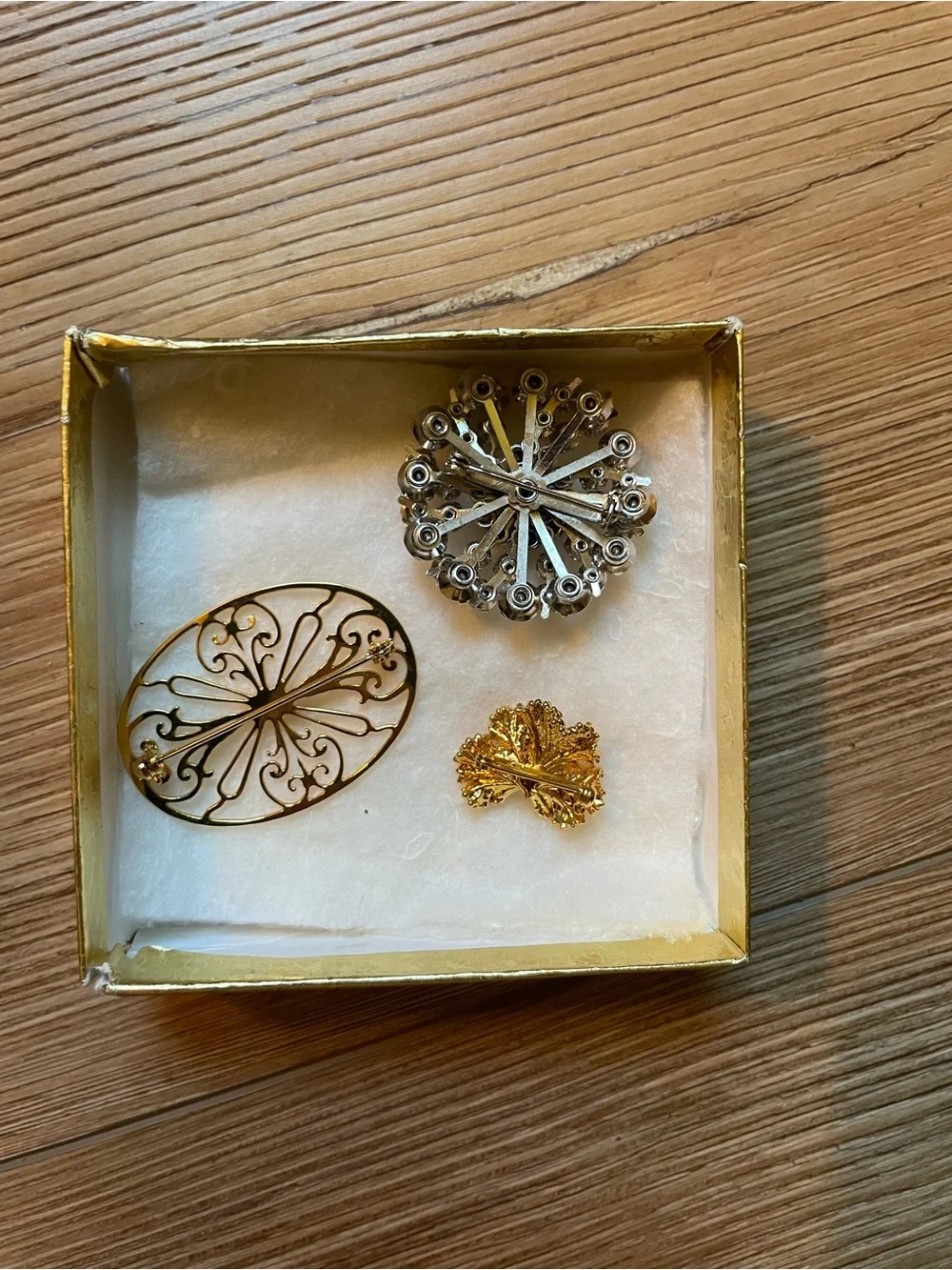 Gold and Crystal Vintage Brooch Trio - Floral & Filigree